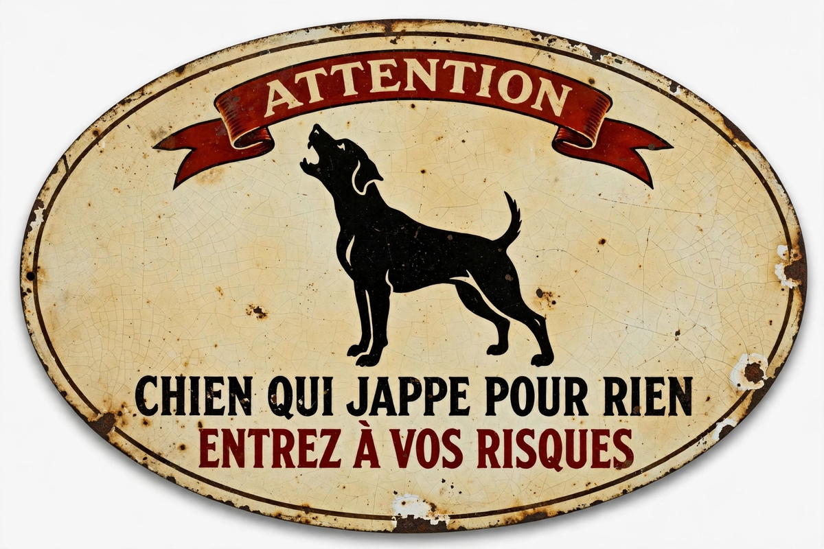 Pancarte émaillée vintage — Chien qui jappe pour rien