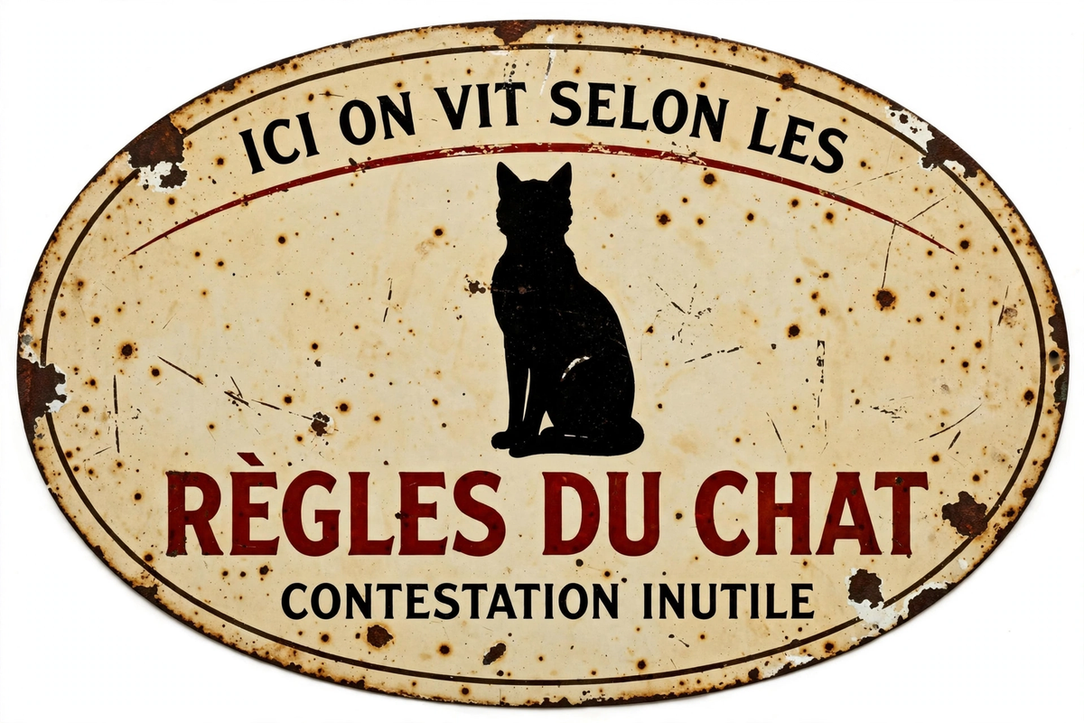 Pancarte émaillée vintage — Ici on vit selon les règles du chat