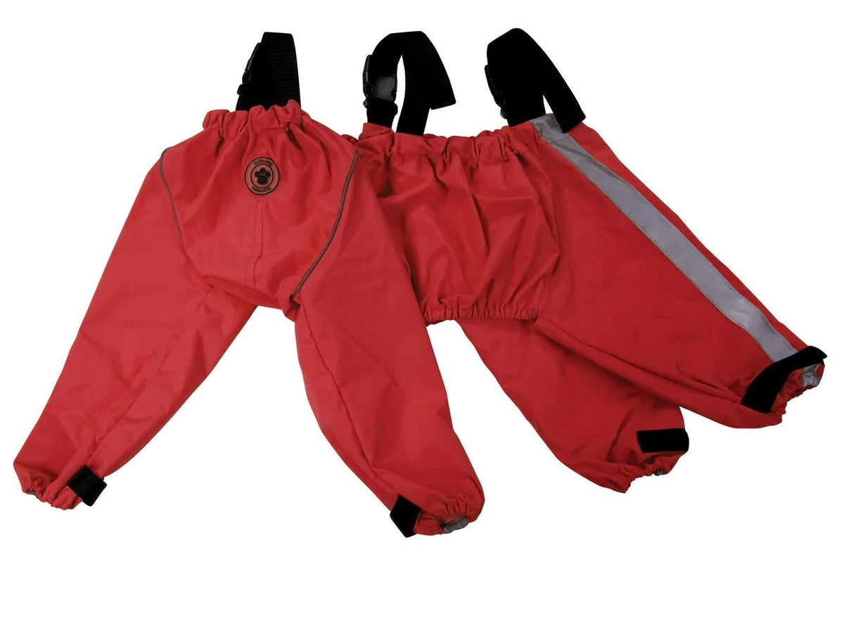 Pantalon de protection rouge à bretelles ajustables, élastiques aux chevilles et bande réfléchissante