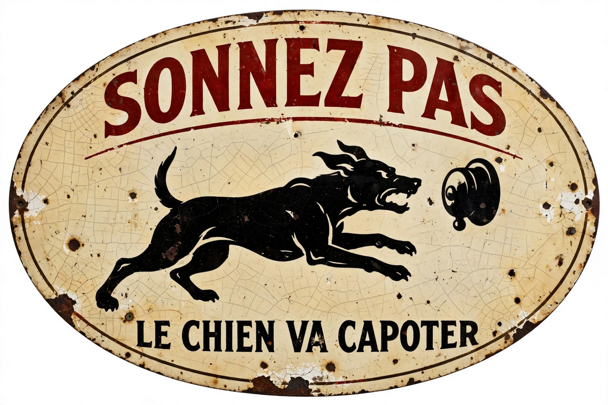 Pancarte émaillée vintage — Sonnez pas, le chien va capoter