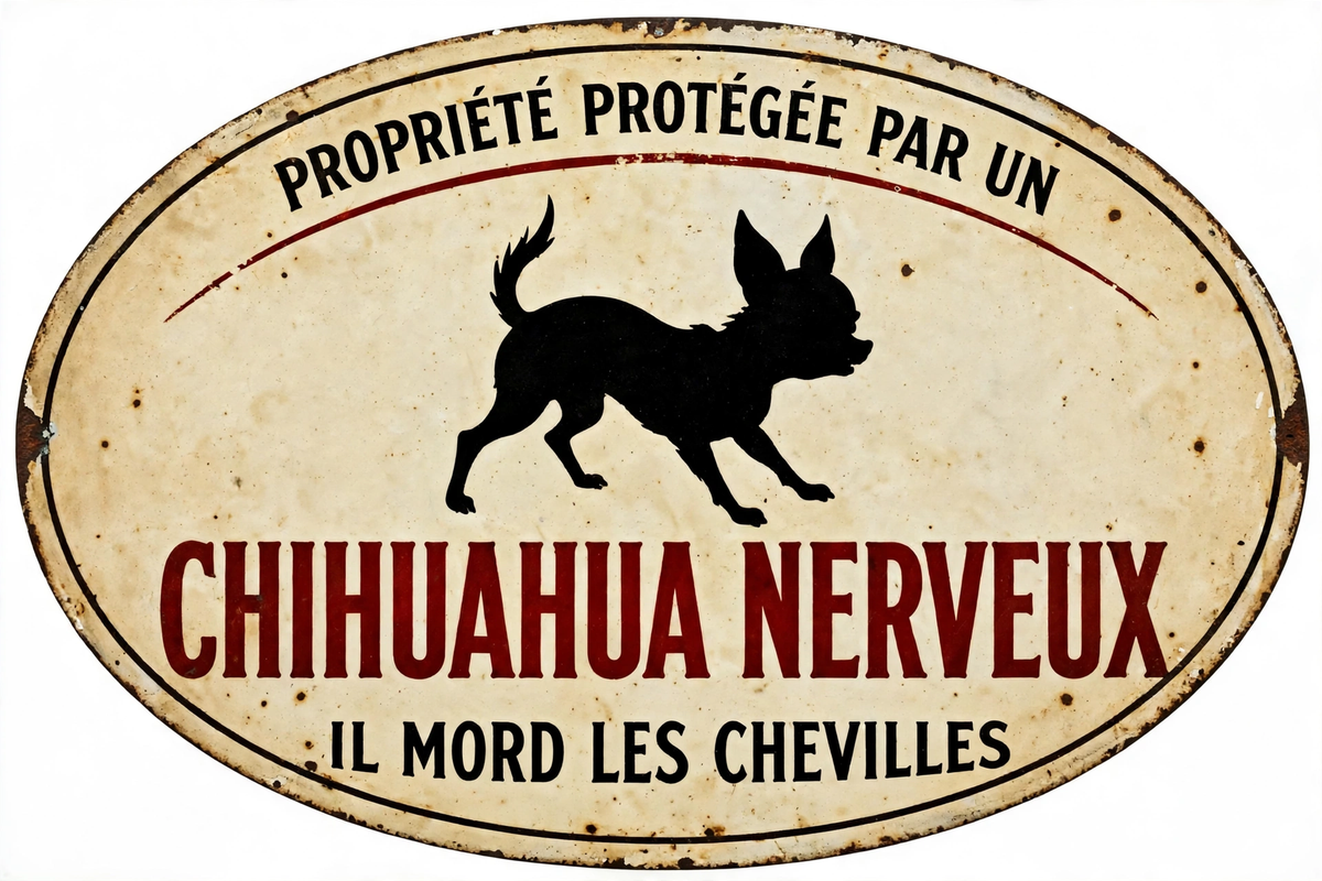 Pancarte émaillée vintage — Chihuahua nerveux