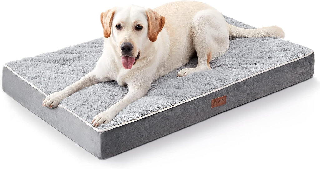 Labrador couché sur le matelas orthopédique gris à surface pelucheuse