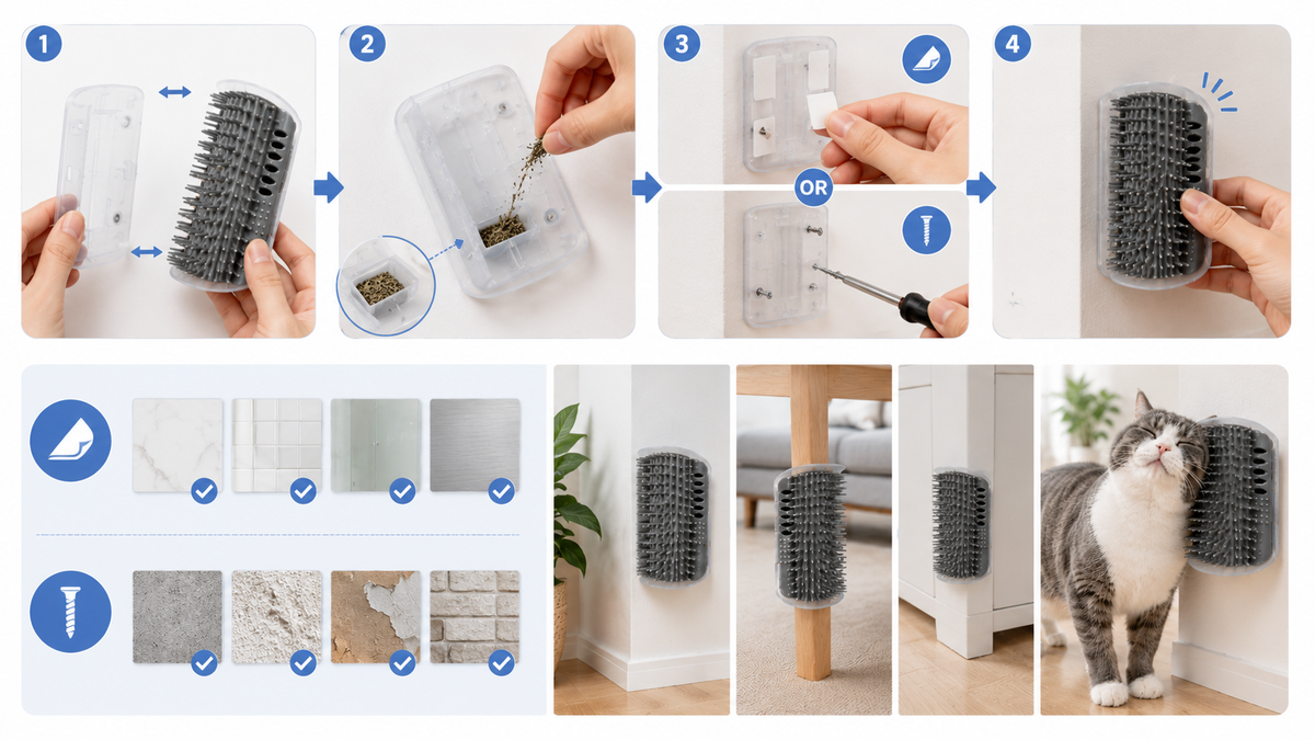 Installation de la brosse de coin : compartiment à herbe à chat, fixation adhésive ou à vis, chat qui se frotte