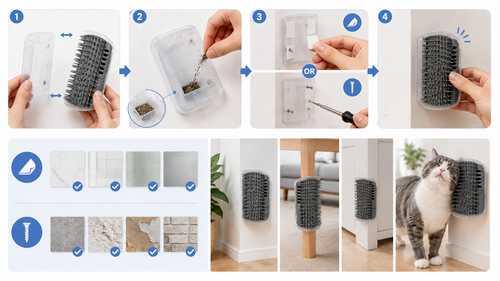 Installation de la brosse de coin : compartiment à herbe à chat, fixation adhésive ou à vis, chat qui se frotte