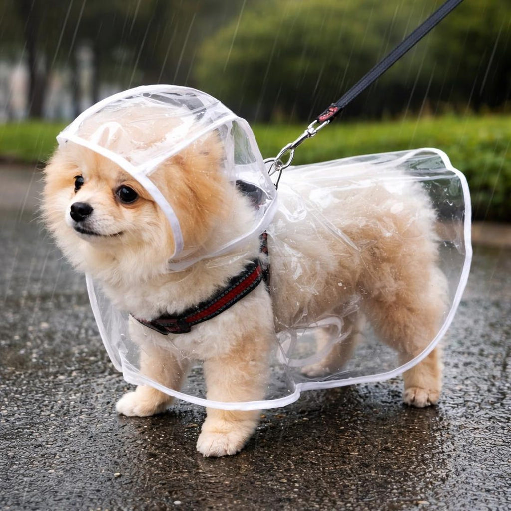 Petit chien portant un imperméable transparent avec capuchon