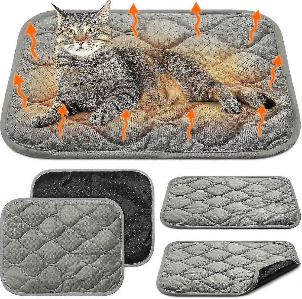 Tapis auto-chauffant gris matelassé : dessus doux, dessous antidérapant et coin relevé